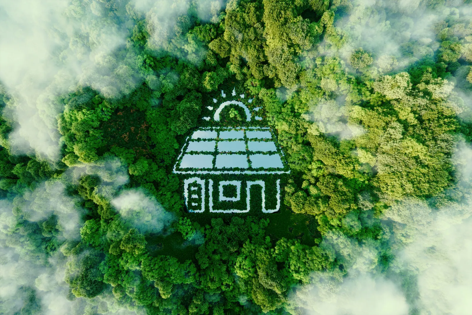 Vue aérienne d’une forêt dense, au centre une clairière en forme de maison munie de panneaux solaires.