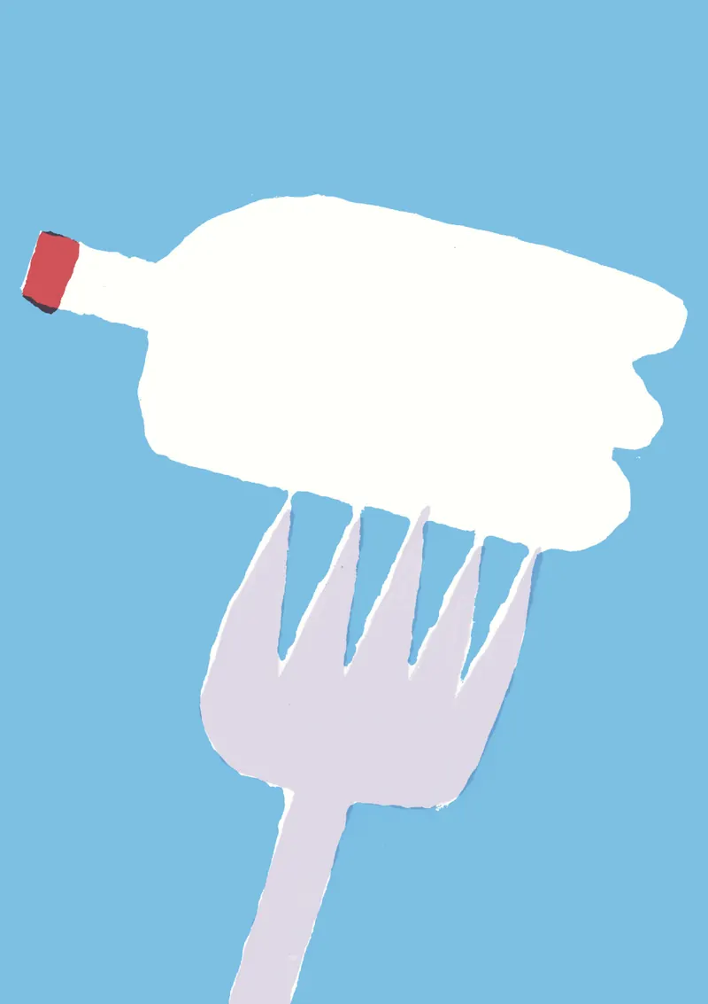 Illustration de Sacrés Déchets : une bouteille en plastique dont le bouchon devient une fourchette.